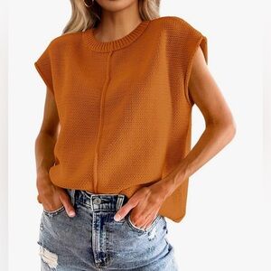 Womens Cap Sleeve Casual Crew Neck Loose Fit Knit Lightweight Sweater Pullover